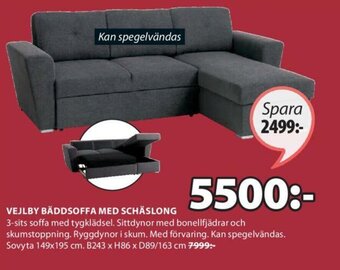JYSK Vejlby Bäddsoffa Med Schäslong B243 x H86 x D89/163 cm erbjuda
