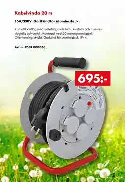 Würth Kabelvinda 20 m 16A/230V. Godkänd för utomhusbruk. erbjuda