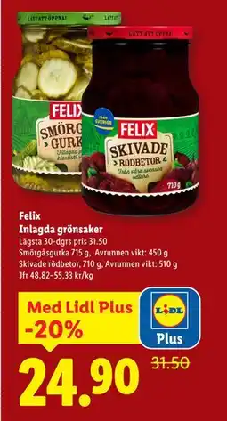 Lidl Felix Inlagda grönsaker, Pris i appen erbjuda