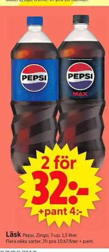 ICA Supermarket Läsk Pepsi, Zingo, 7-up. 1,5 liter. erbjuda