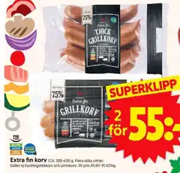 ICA Supermarket Extra fin korv ICA. 300-600 g. Flera olika sorter. Gäller ej kycklingstekkorv och prinskorv. Jfr pris 45:83-91:67/kg. erbjuda