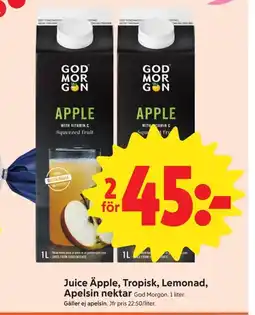 ICA Nära Juice Äpple, Tropisk, Lemonad, Apelsin nektar God Morgon. 1 liter. erbjuda