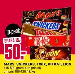 ÖoB MARS, SNICKERS, TWIX, KITKAT, LION, SEK 50 erbjuda