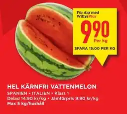 Willys Hemma HEL KÄRNFRI VATTENMELON, Medlemspris erbjuda
