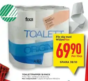 Willys Hemma TOALETTPAPPER 18-PACK, Medlemspris erbjuda