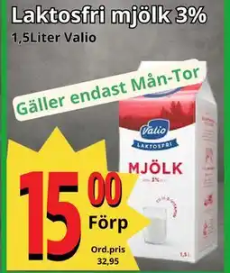 Laktosfri mjölk 3%, SEK 15