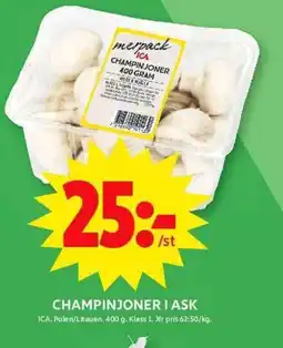 ICA Maxi CHAMPINJONER I ASK erbjuda