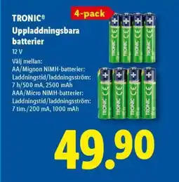 Lidl TRONIC Uppladdningsbara batterier 4-pack erbjuda
