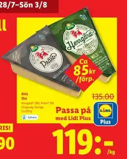 Lidl Arla Ost Herrgård 28%, Präst 31%, Pris i appen erbjuda