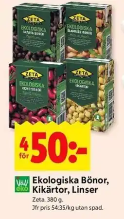 ICA Kvantum ZETA Ekologiska Bönor, eko Kikärtor, Linser erbjuda