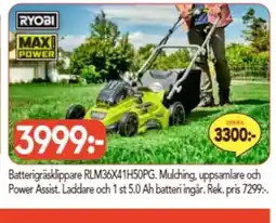 Bo Ohlsson RYOBI Batterigräsklippare RLM36X41H50PG. Mulching, uppsamlare och Power Assist erbjuda