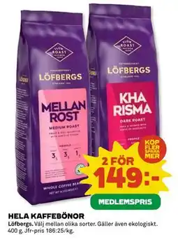 Coop Daglivs HELA KAFFEBÖNOR, Medlemspris erbjuda