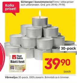 Rusta Värmeljus 30-pack, 100% stearin. Brinntid ca 6 timmar. erbjuda