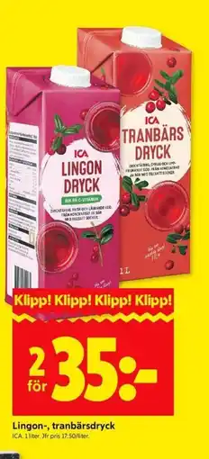 ICA Kvantum ICA Lingon-, tranbärsdryck erbjuda