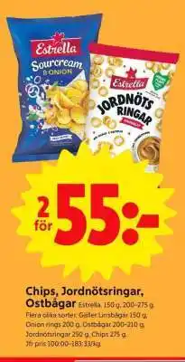 ICA Supermarket Chips, Jordnötsringar, ostbågar erbjuda
