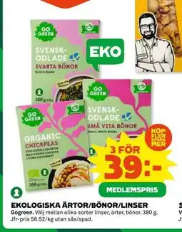 Coop Daglivs EKOLOGISKA ÄRTOR/BÖNOR/LINSER, Medlemspris erbjuda