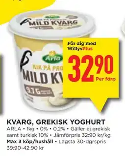 Willys KVARG, GREKISK YOGHURT, Medlemspris erbjuda