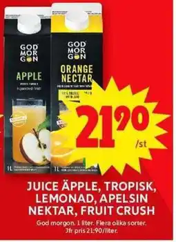 ICA Maxi GOD MORGON Juice äpple, tropisk, lemonad, apelsin nektar, fruit crush erbjuda