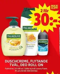 ICA Maxi PALMOLIVE Duschcreme, flytande tvål, deo roll on erbjuda