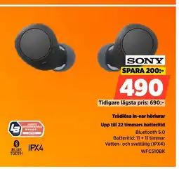 Power Sony trådlösa in-ear hörlurar upp till 22 timmars batteritid erbjuda