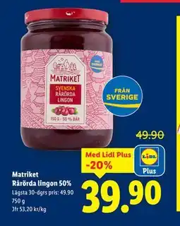 Lidl Matriket Rårörda lingon 50%, Pris i appen erbjuda