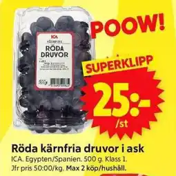 ICA Supermarket ICA Röda kärnfria druvor i ask erbjuda