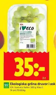 ICA Supermarket Ekologiska gröna druvor i ask erbjuda