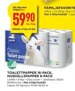 Willys TOALETTPAPPER 16-PACK, HUSHÅLLSPAPPER 8-PACK, Medlemspris erbjuda