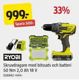 Jula RYOBI Skruvdragare med bitssats och batteri erbjuda