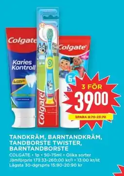 Willys COLGATE Tandkräm, barntandkräm, tandborste twister, barntandborste erbjuda