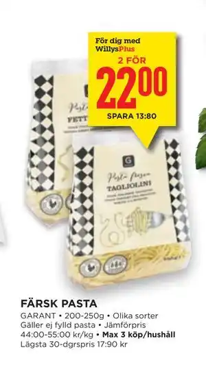 Willys FÄRSK PASTA, Medlemspris erbjuda