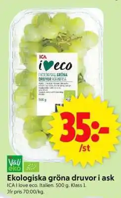 ICA Supermarket Ekologiska gröna druvor i ask erbjuda