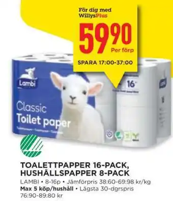 Willys TOALETTPAPPER 16-PACK, HUSHÅLLSPAPPER 8-PACK erbjuda