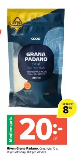 Coop Extra Riven Grana Padano, Medlemspris erbjuda