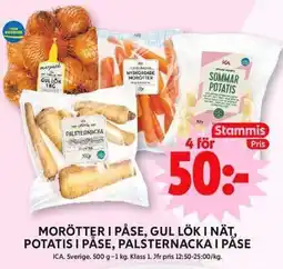 ICA Maxi ICA Morötter i påse, gul lök i nät, potatis i påse, palsternacka i påse erbjuda