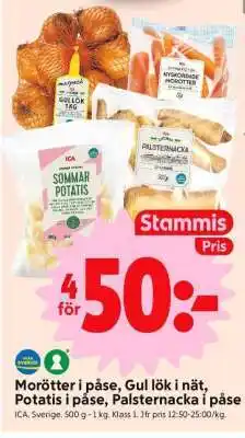 ICA Supermarket Morötter i påse, gul lök i nät, Potatis i påse, Palsternacka i påse erbjuda