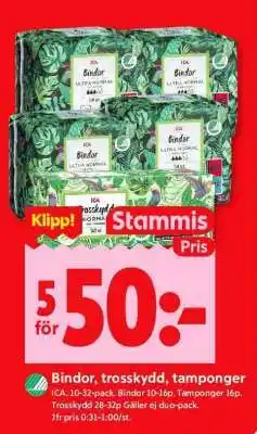 ICA Supermarket Bindor, Trosskydd, Tamponger erbjuda