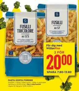 Willys PASTA KORTA FORMER, Medlemspris erbjuda