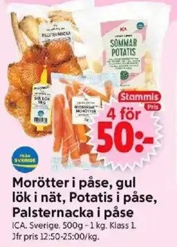 ICA Supermarket ICA Morötter i påse, gul lök i nät, Potatis i påse, Palsternacka i påse erbjuda