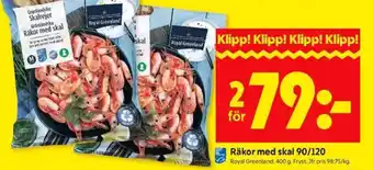 ICA Kvantum ROYAL GREENLAND Räkor med skal 90/120 erbjuda