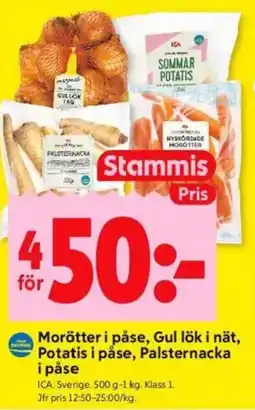 ICA Kvantum Morötter i påse, gul lök i nät, potatis i påse, palsternacka i påse erbjuda