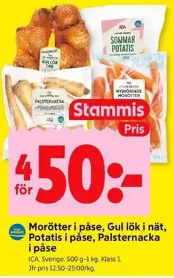 ICA Kvantum Morötter i påse, gul lök i nät, potatis i påse, palsternacka i påse erbjuda