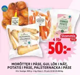 ICA Supermarket ICA Morötter i påse, gul lök i nät, potatis i påse, palsternacka i påse erbjuda