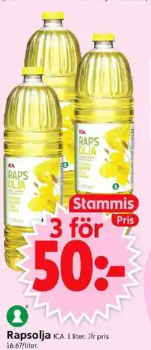 ICA Supermarket Rapsolja ICA. 1 liter. Jfr pris erbjuda