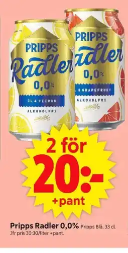 ICA Supermarket Pripps Radler 0,0% Pripps Blå. 33 cl. erbjuda