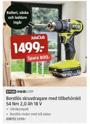 Jula Borstlös skruvdragare med tillbehörskit 54 Nm 2,0 Ah 18 V, Medlemspris erbjuda