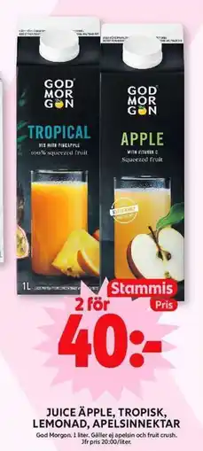 ICA Maxi GOD MORGON Juice äpple, tropisk, lemonad, apelsinnektar erbjuda