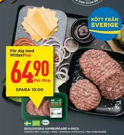 Willys EKOLOGISKA HAMBURGARE 4-PACK, Medlemspris erbjuda