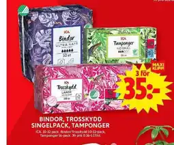ICA Maxi Bindor, trosskydd singelpack, tamponger erbjuda
