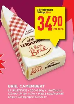 Willys BRIE, CAMEMBERT, Medlemspris erbjuda